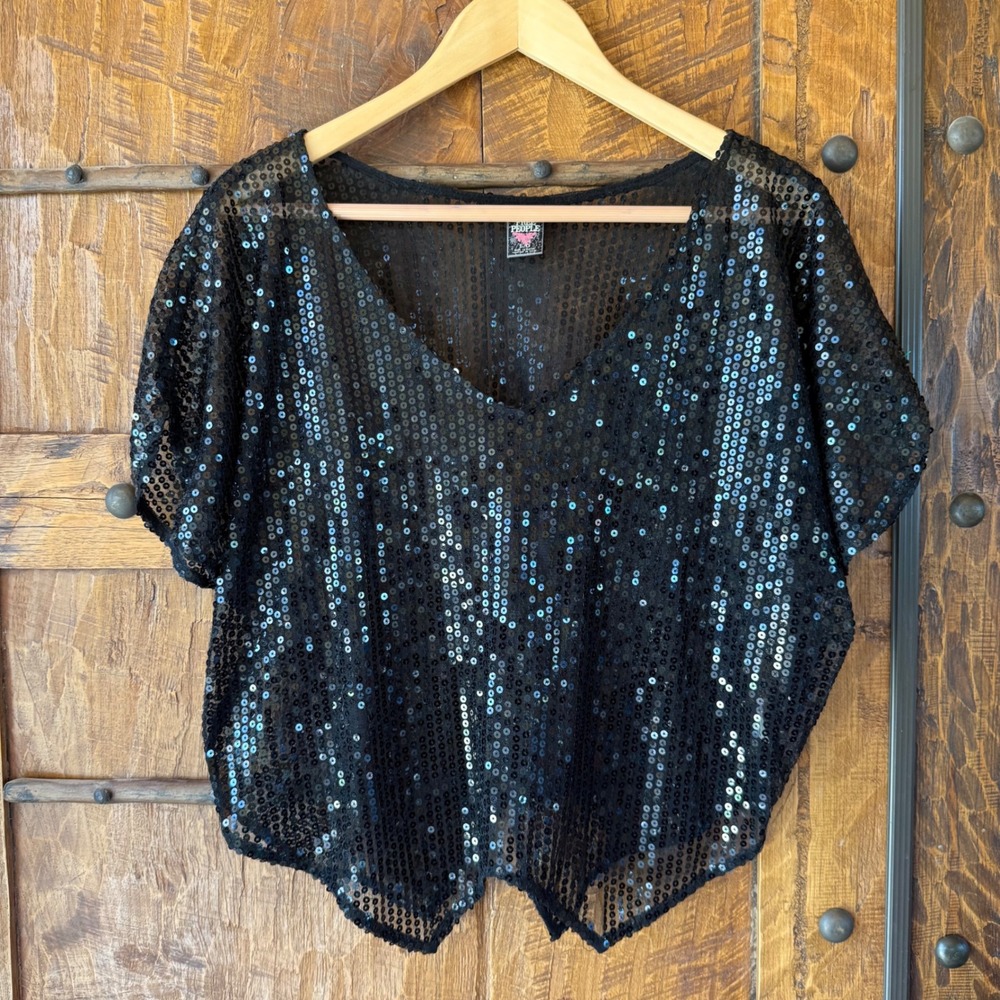 Free People Black Sequin Crop Top V-Neck Mesh Short Sleeve Sharkbite Hem Large
